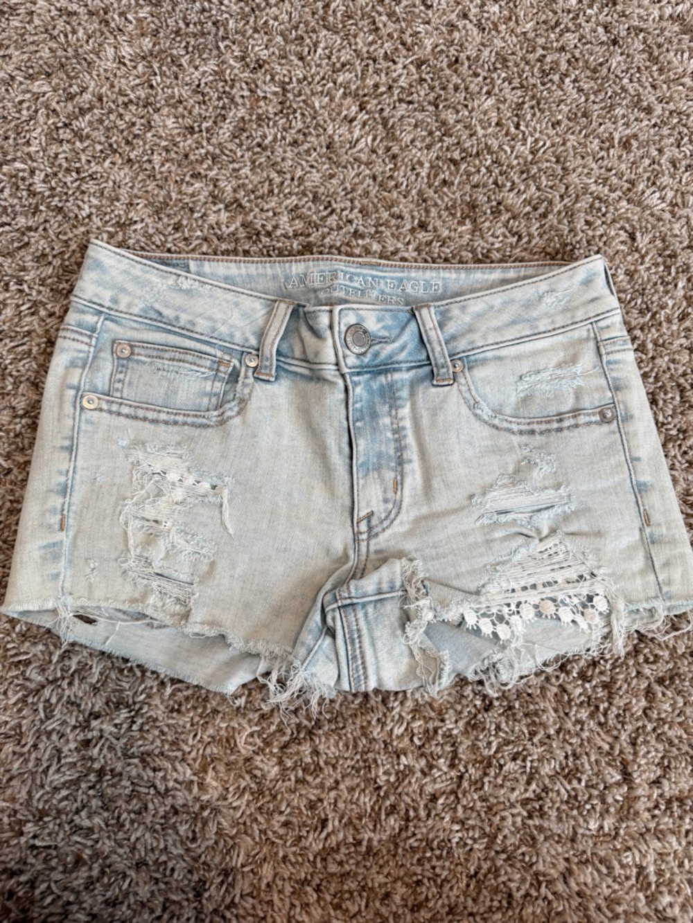 American eagle Light Blue Distressed Denim Shorts with Lace Trim